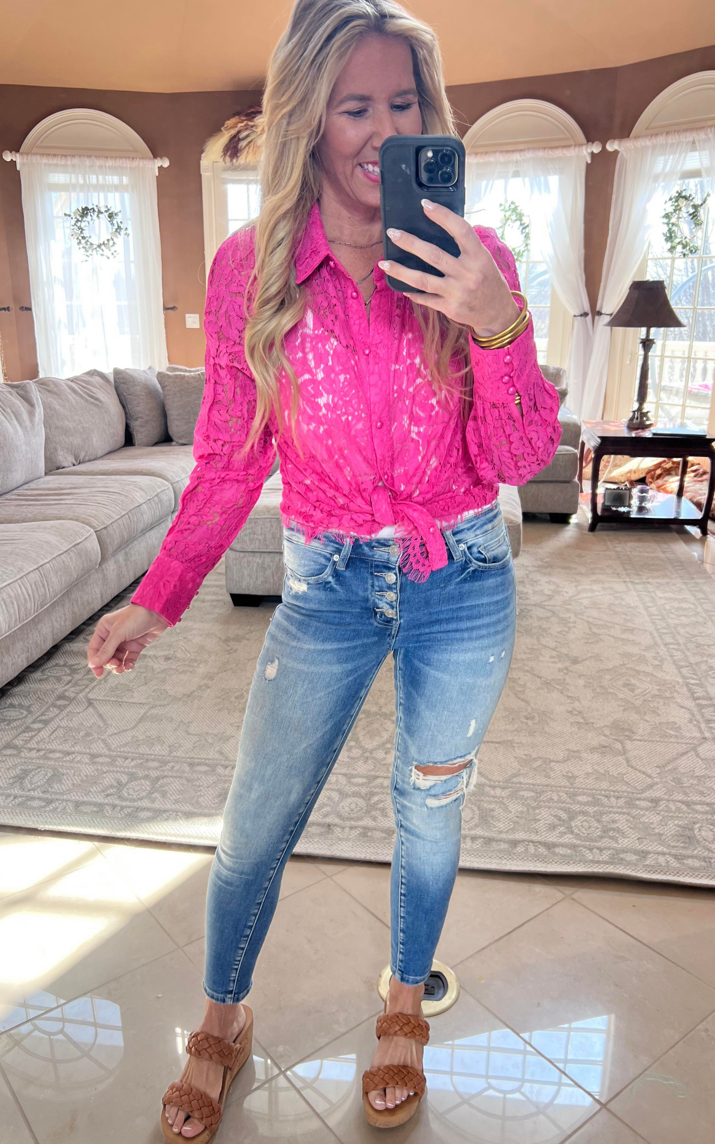 Hot Pink Crochet Lace Blouse