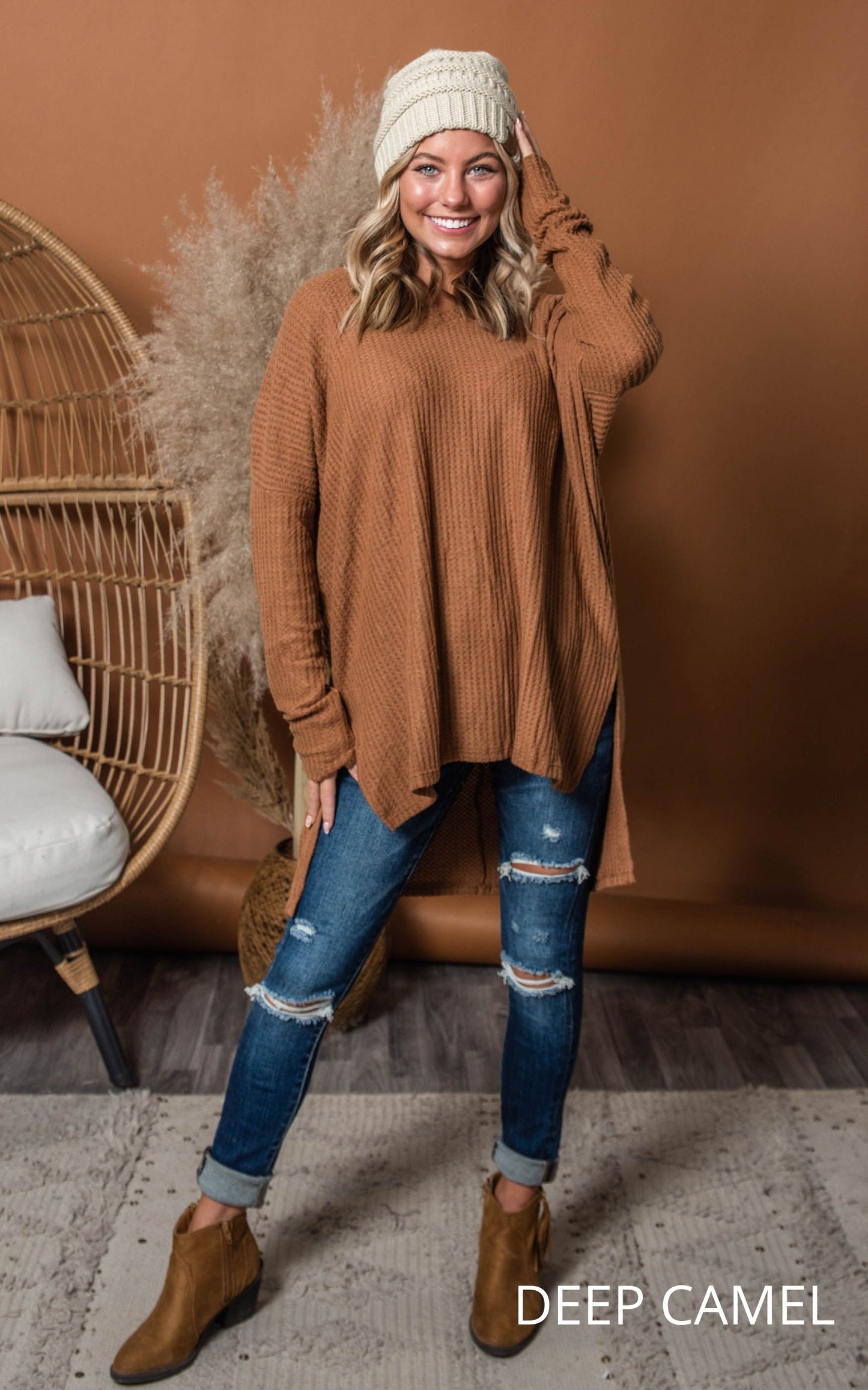 deep camel waffle tunic 