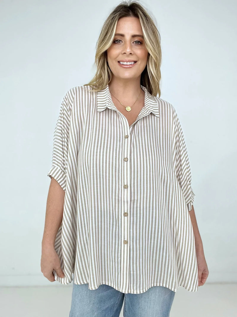 Tan Zenana "Lucky Stripes" Oversized Striped Short Sleeve Button-Up Shirt