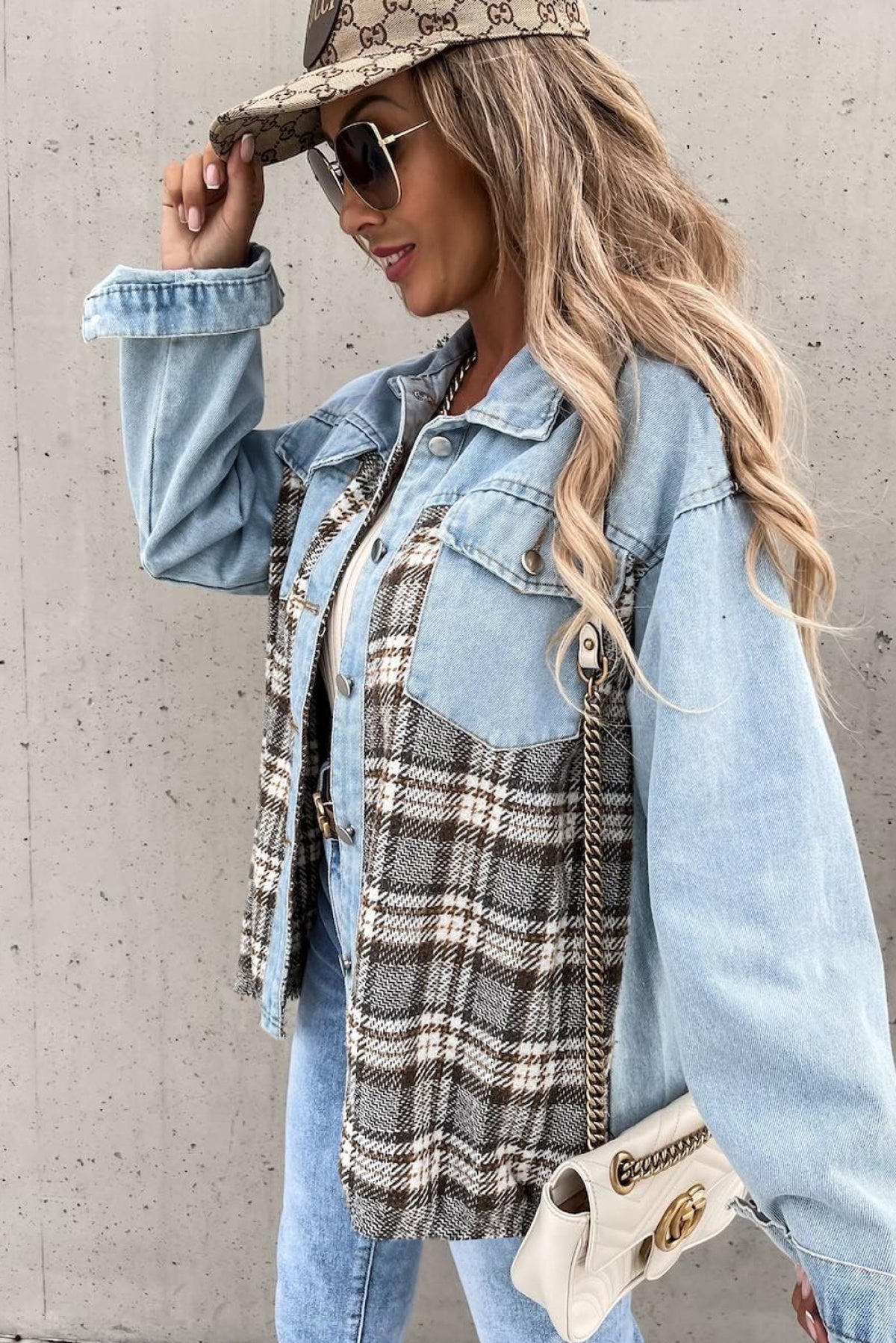 Sky Blue Plaid Patchwork Raw Hem Denim Jacket