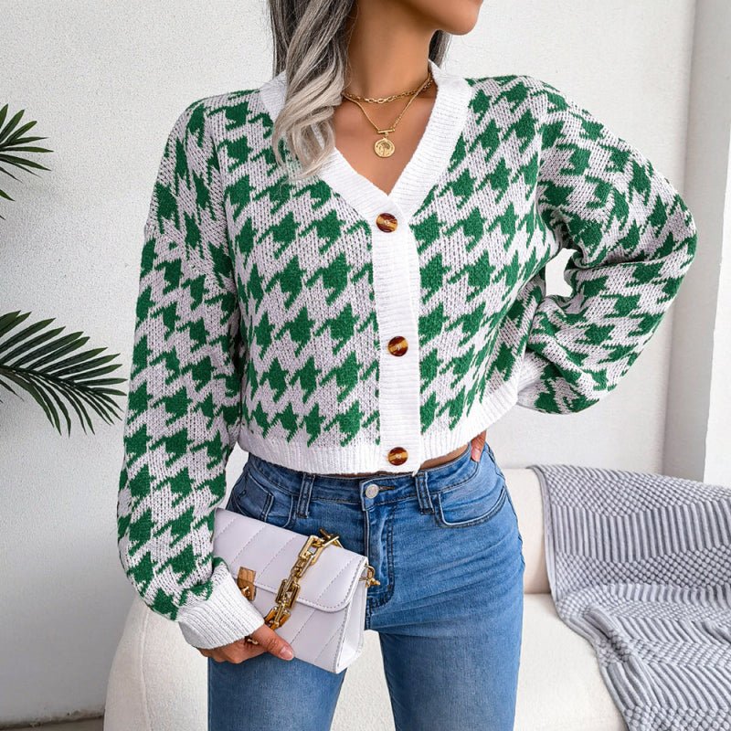 V-Neck Button Up Houndstooth Short Cardigan