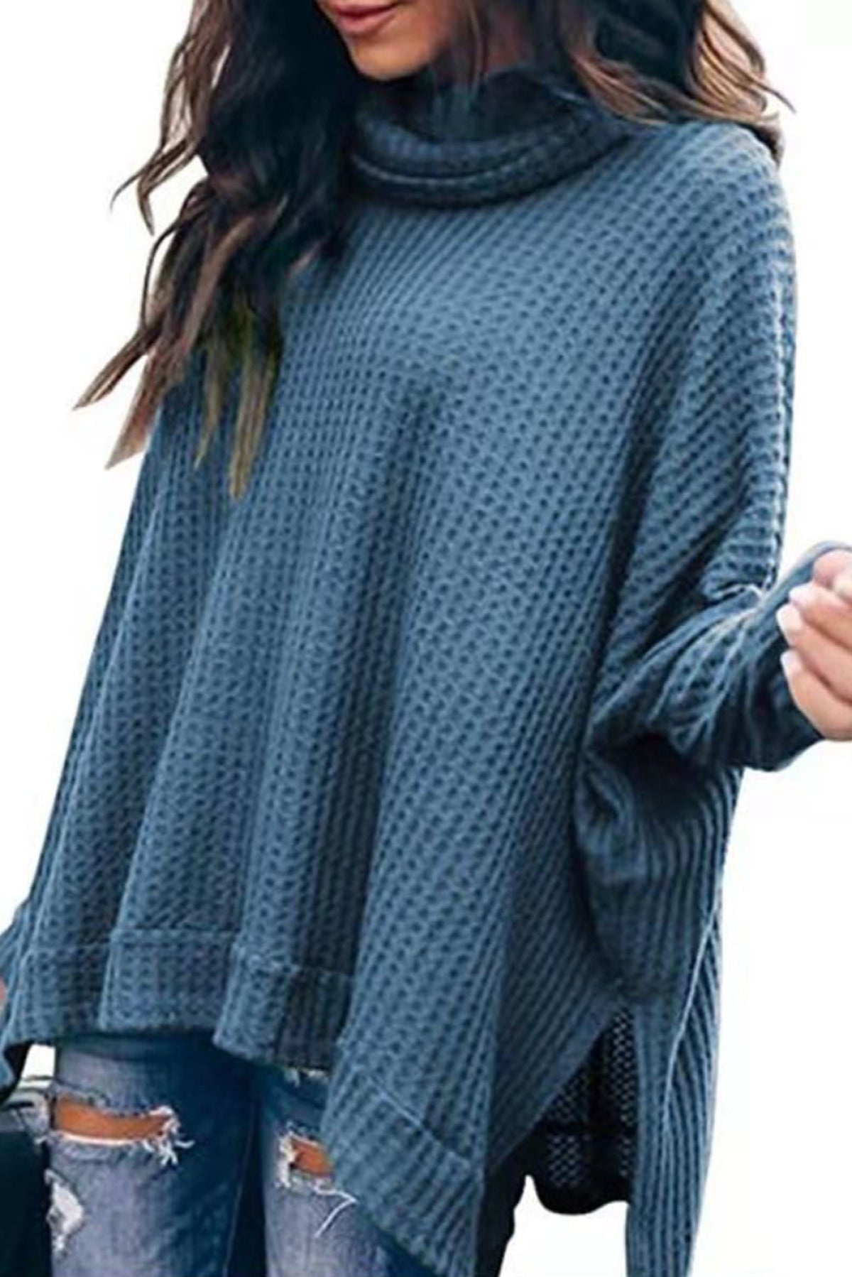 Turtleneck Waffle Knit Poncho Blouse