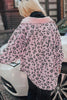 Pink Collared Neckline Flap Pockets Leopard Corduroy Jacket