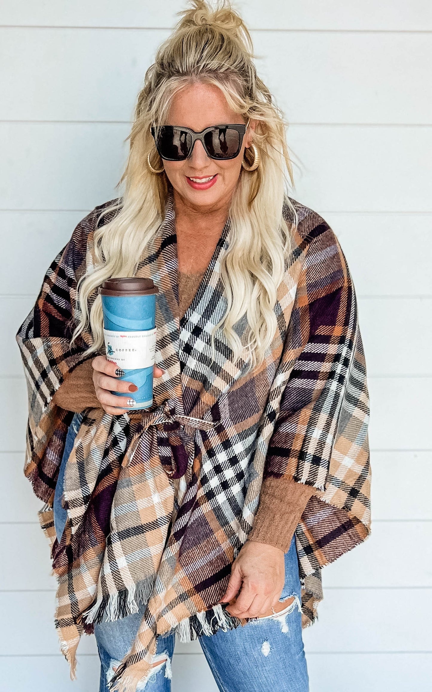 BROWN PLAID RUANA 