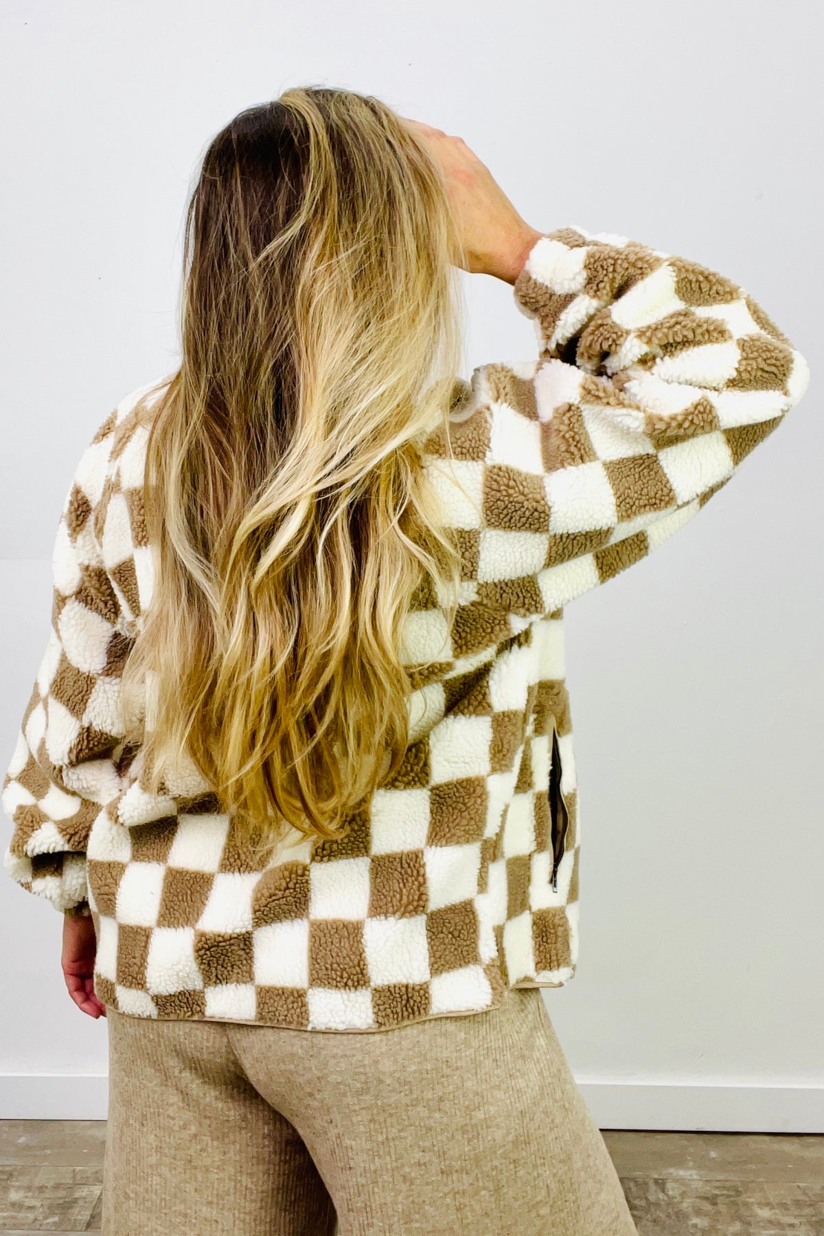 Easel Checkered Teddy Fur Jacket