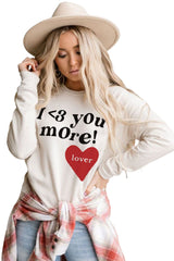 Beige I Love You More Valentines Heart Print Sweatshirt