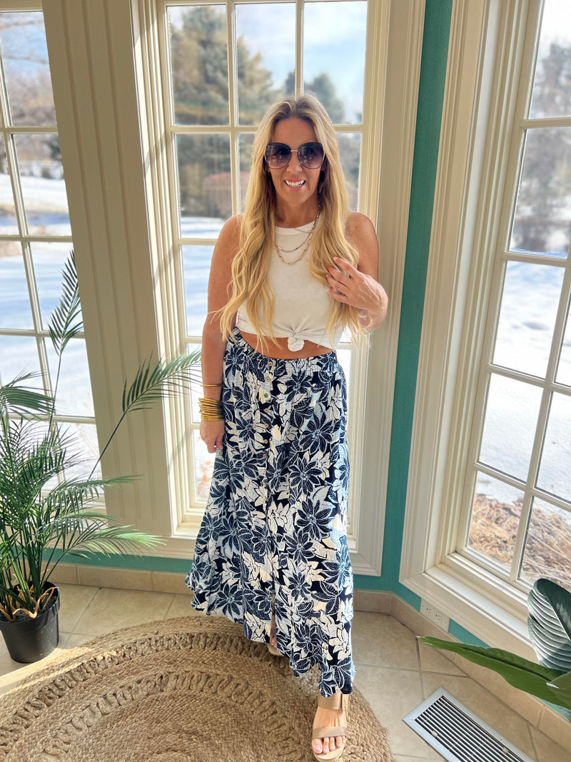 BLUE BUTTON FRONT SMOCKED MAXI SKIRT 