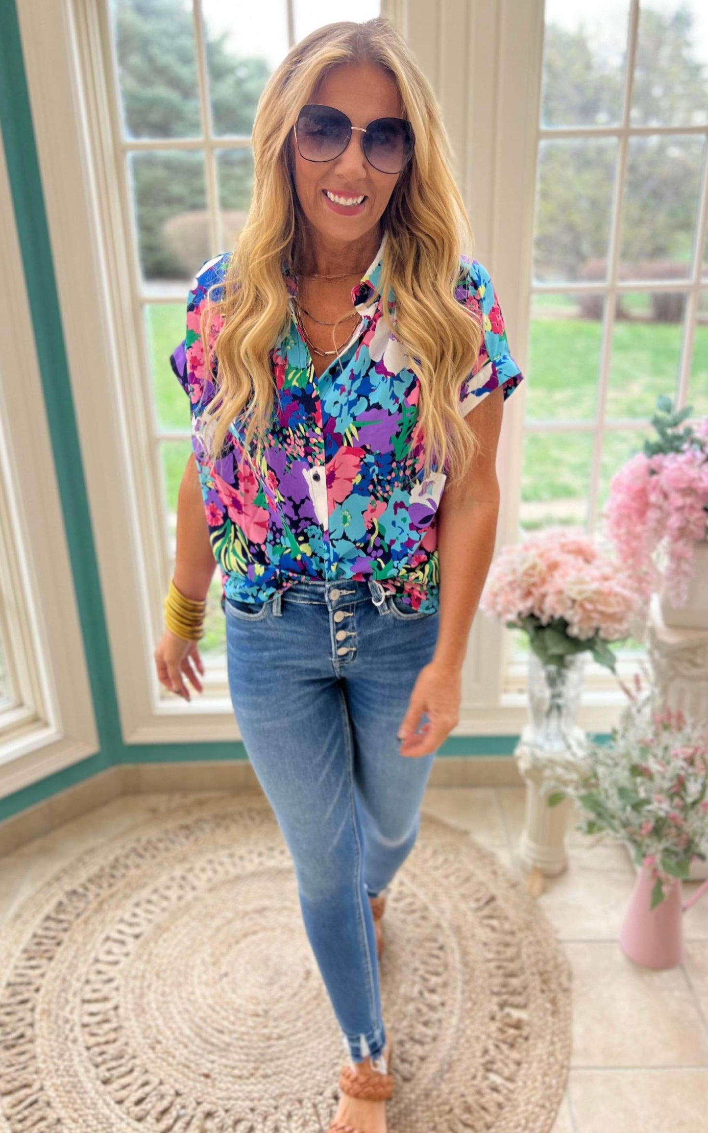 Floral Print Collared Button-Up Top