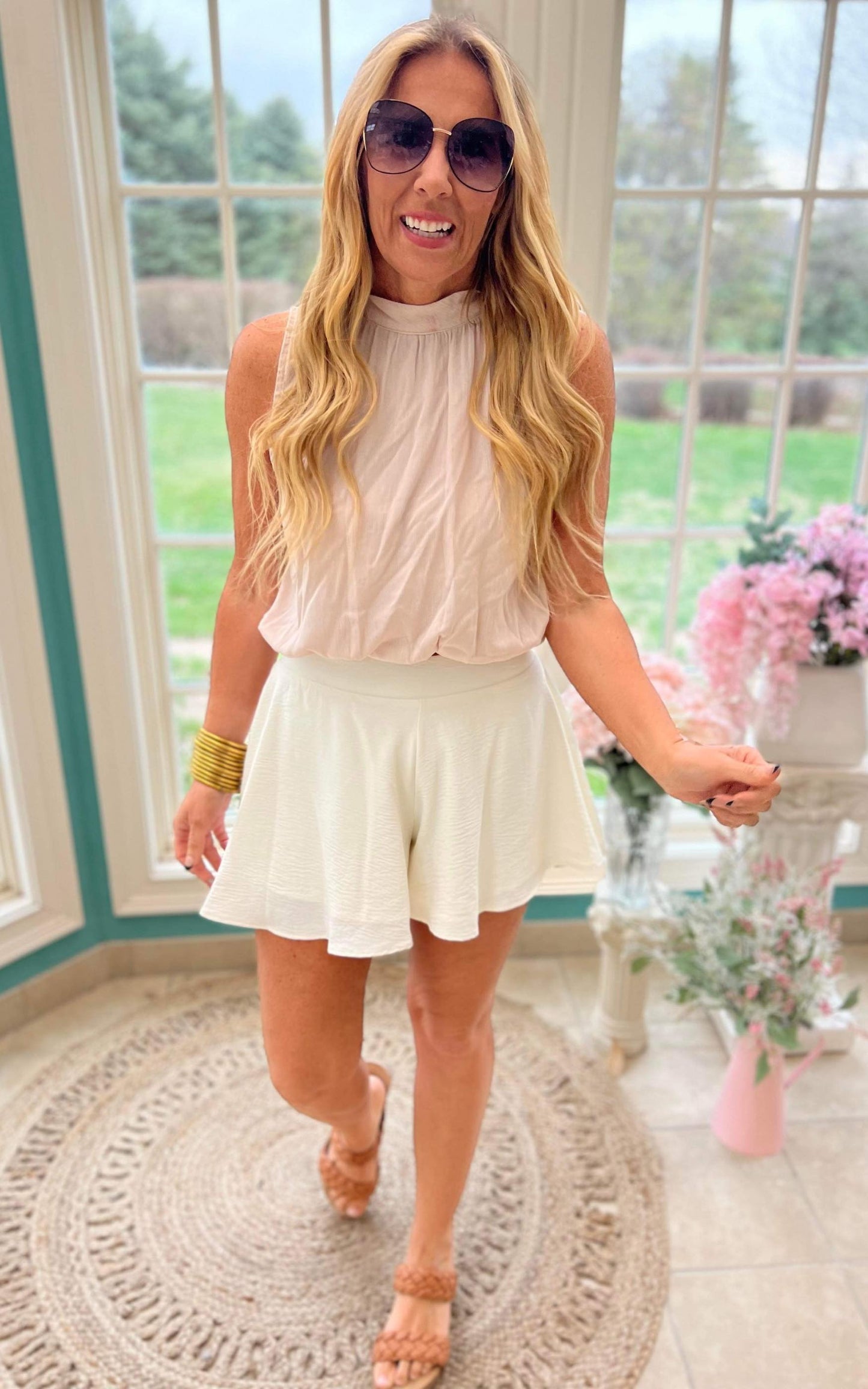 Light Beige Mock Neck Sleeveless Blouse