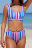 Striped Print U Neck Mid Waist Bikini Swimsuit