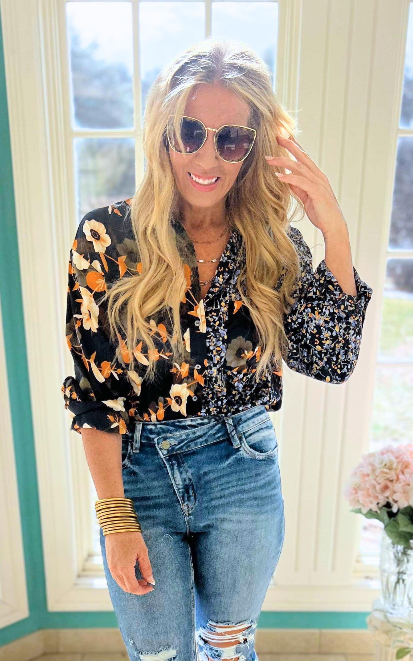 Bursting with Florals Button Down Satin Shirt - Black | FINAL SALE