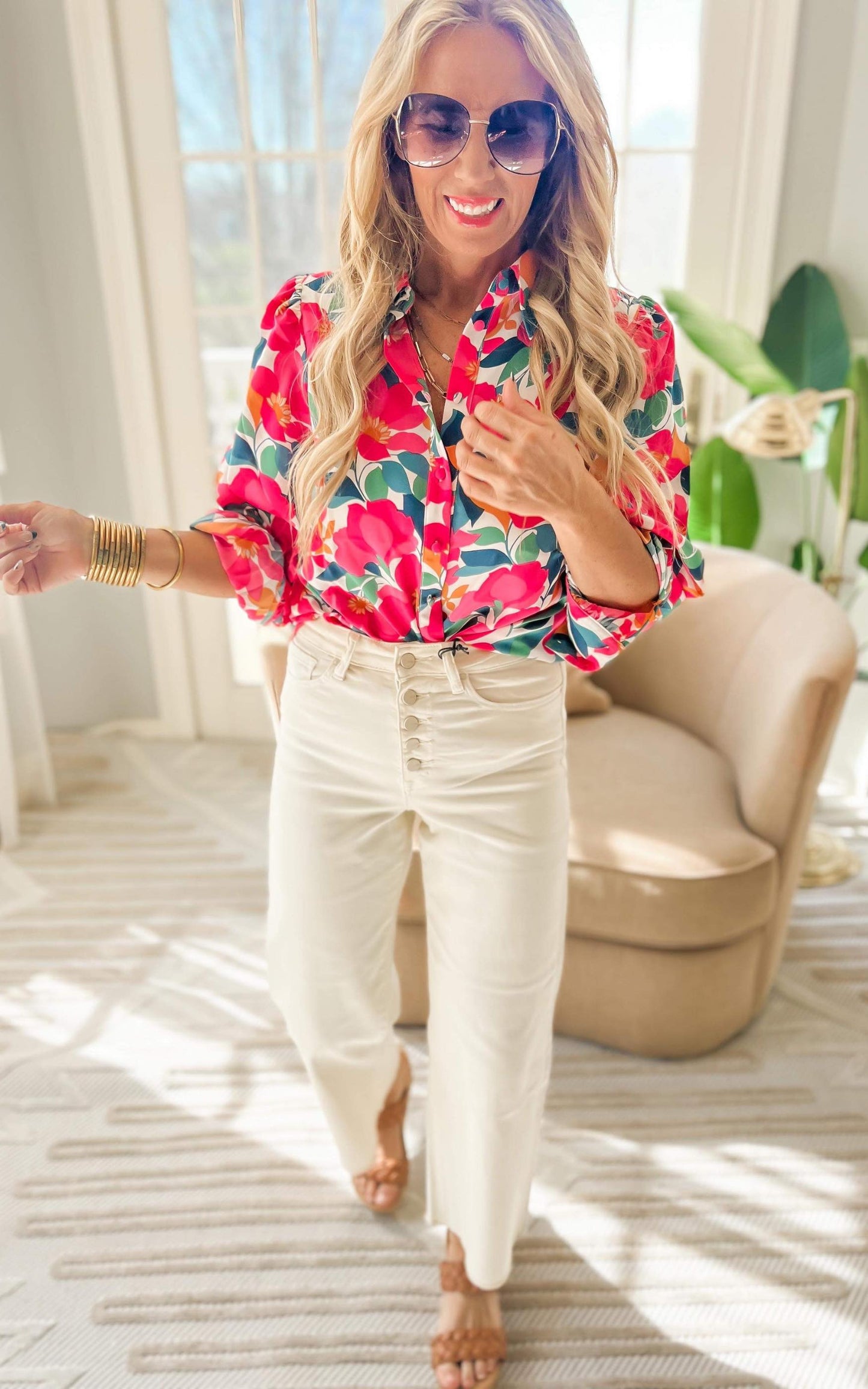 Blooming Floral Print Button Up Blouse