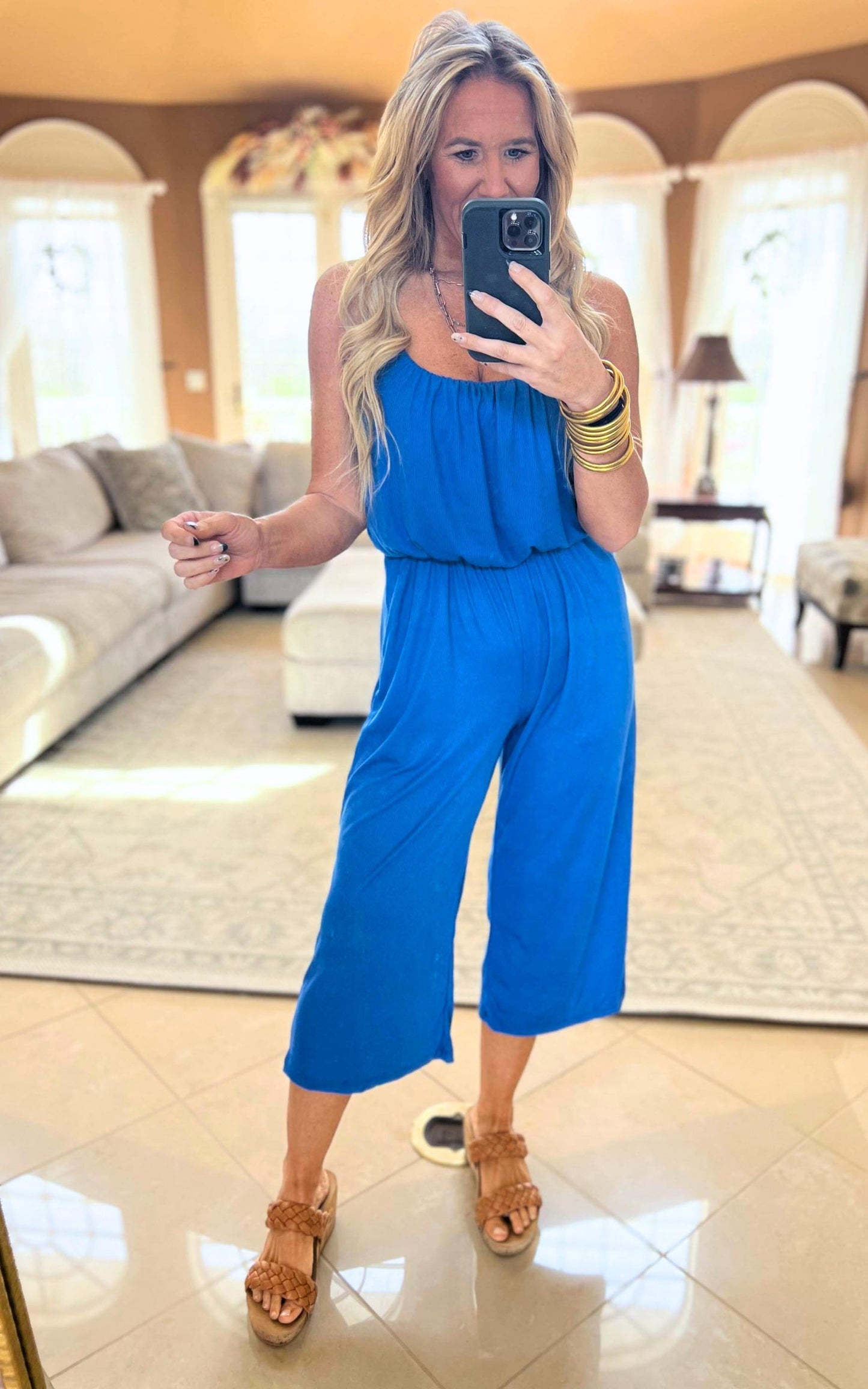 Cropped Spaghetti Strap Jumpsuit - Blue