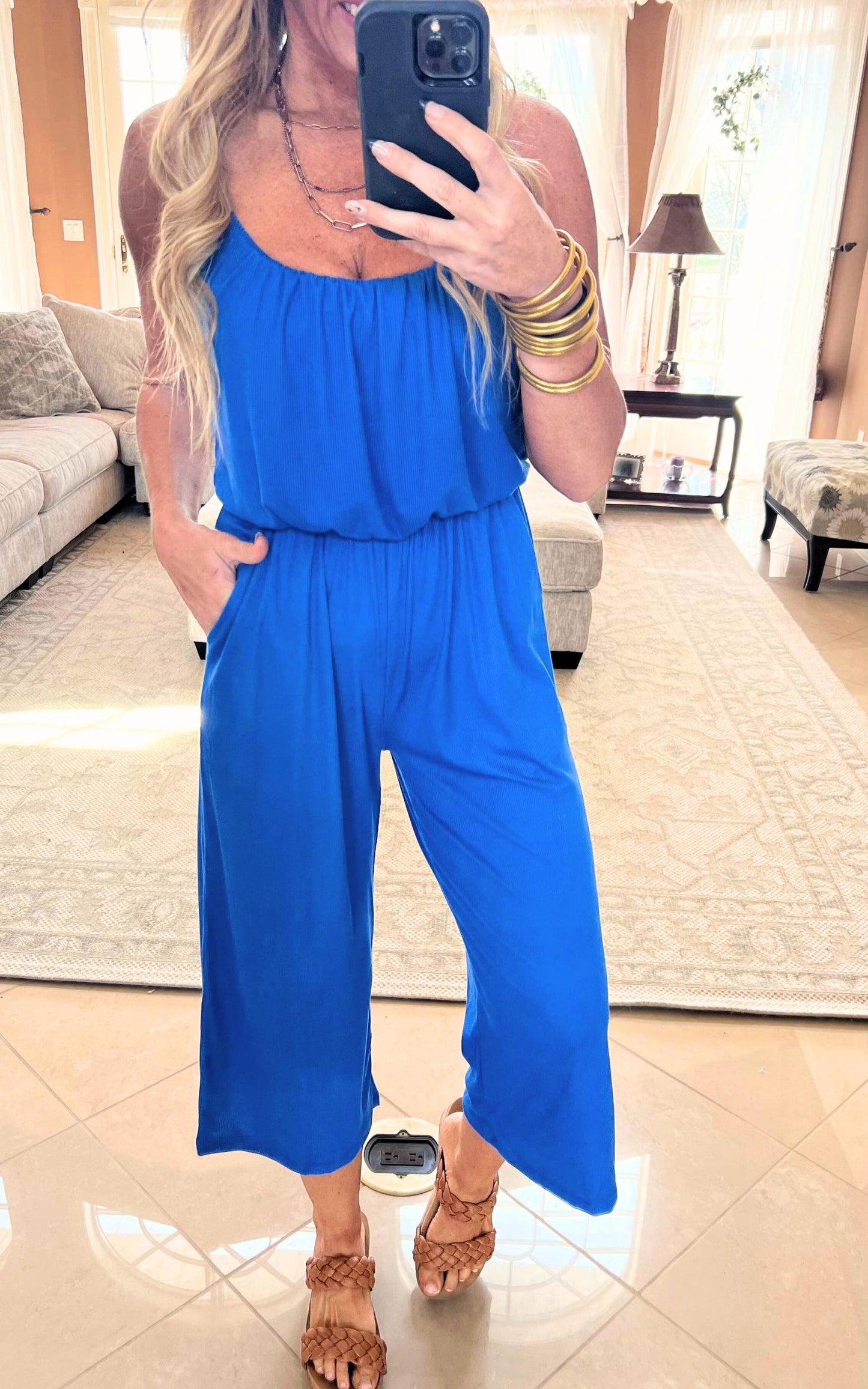 Cropped Spaghetti Strap Jumpsuit - Blue