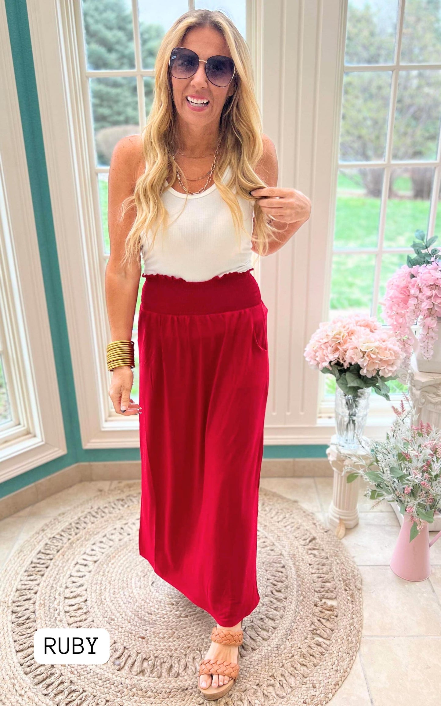 Smocked Waist Side Slit Maxi Skirt w/ Pockets