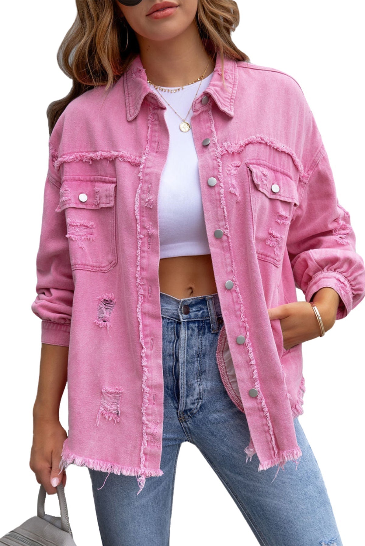 Pink Distressed Flap Pockets Raw Edge Denim Shacket