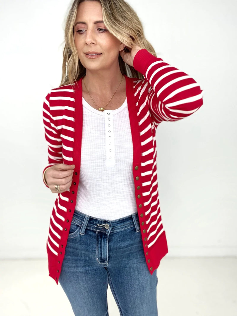 Red Zenana Striped Snap Button Cardigan