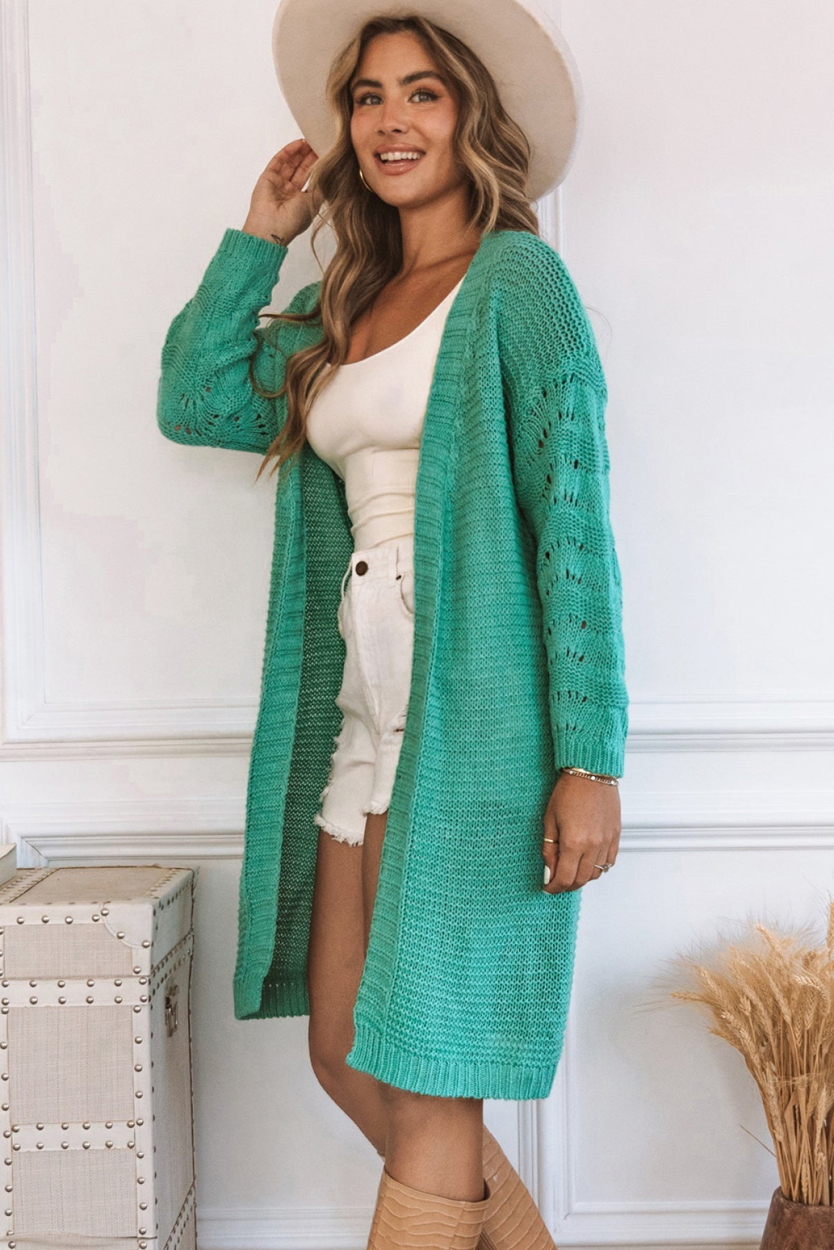 Green Solid Color Knitted Open Front Cardigan