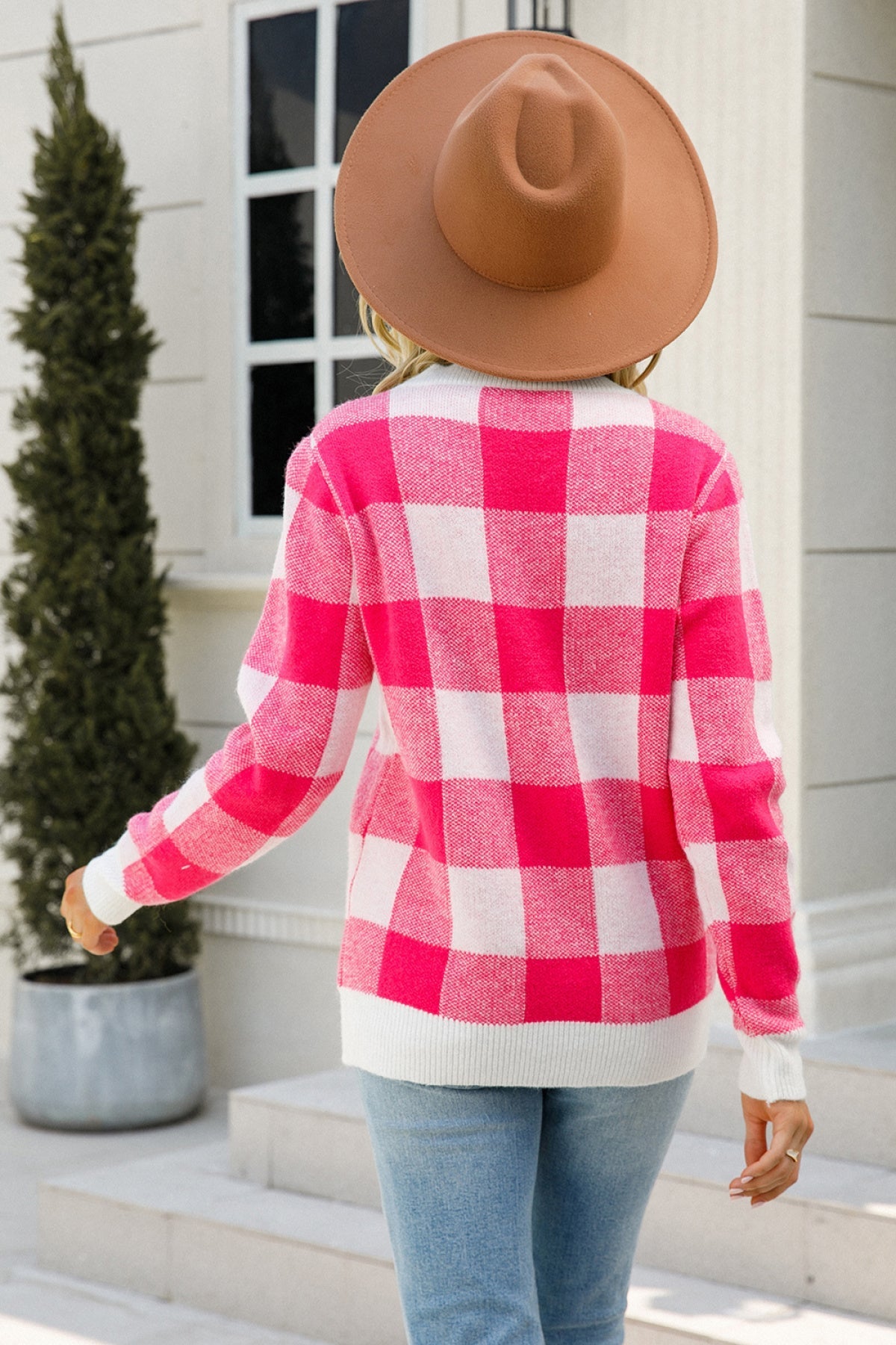 Crew Neck Long Sleeve Plaid Knit Sweater