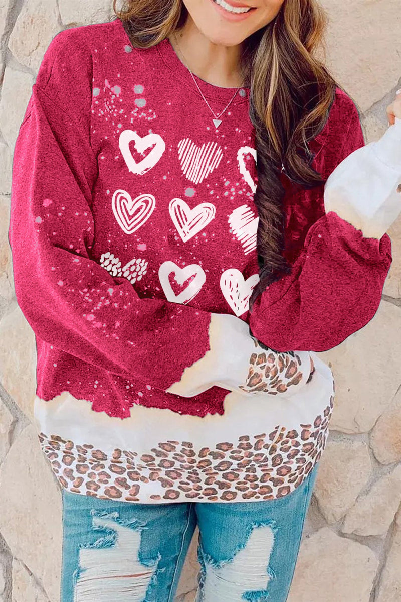 Red Multiple Heart Print Leopard Bleached Sweatshirt
