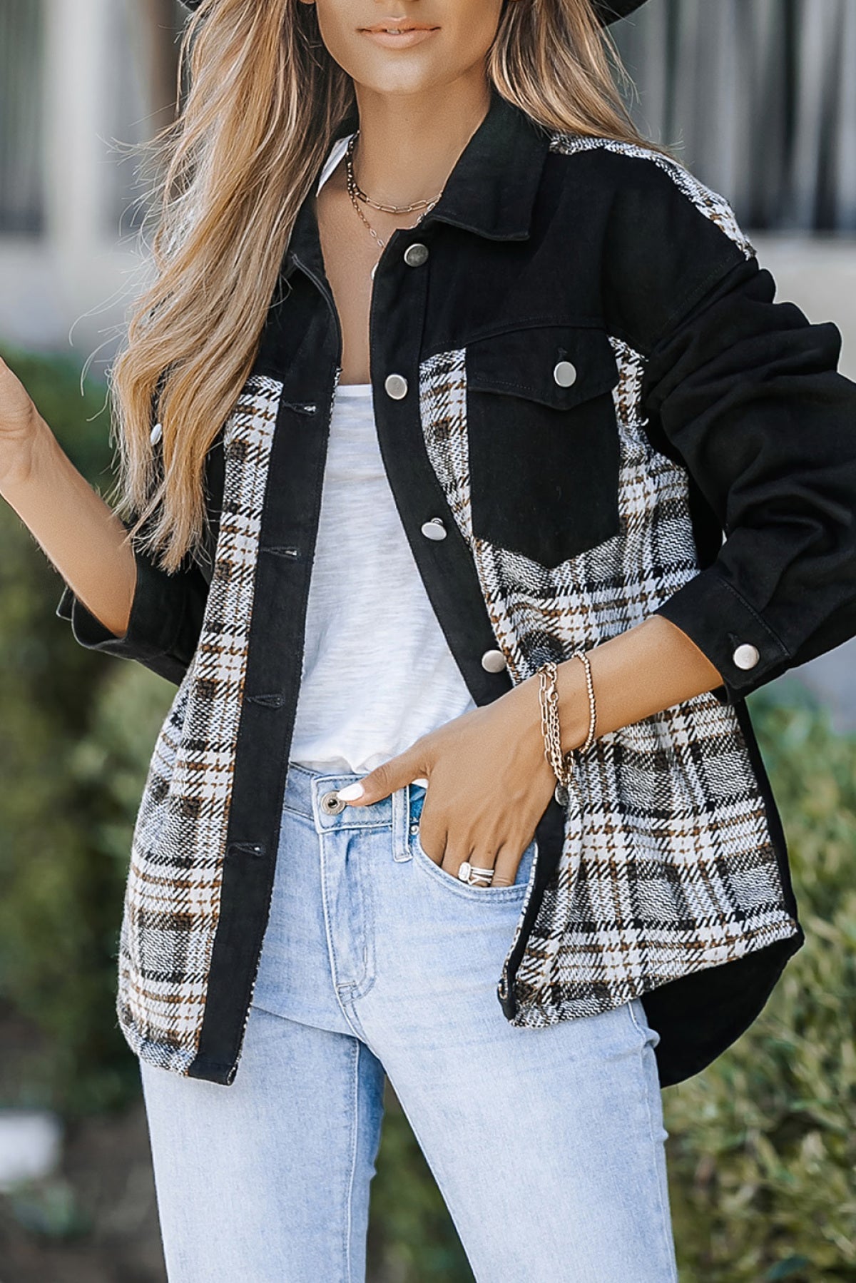 Black Christmas Pattern Plaid Splicing Denim Jacket