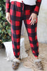 Red Plaid Raglan Sleeves Top And Drawstring Pants Lounge Set