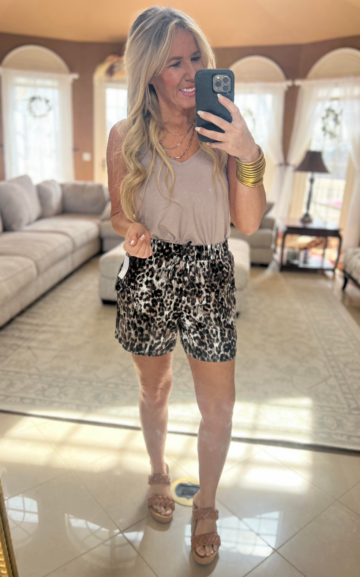 Leopard Drawstring Linen Shorts