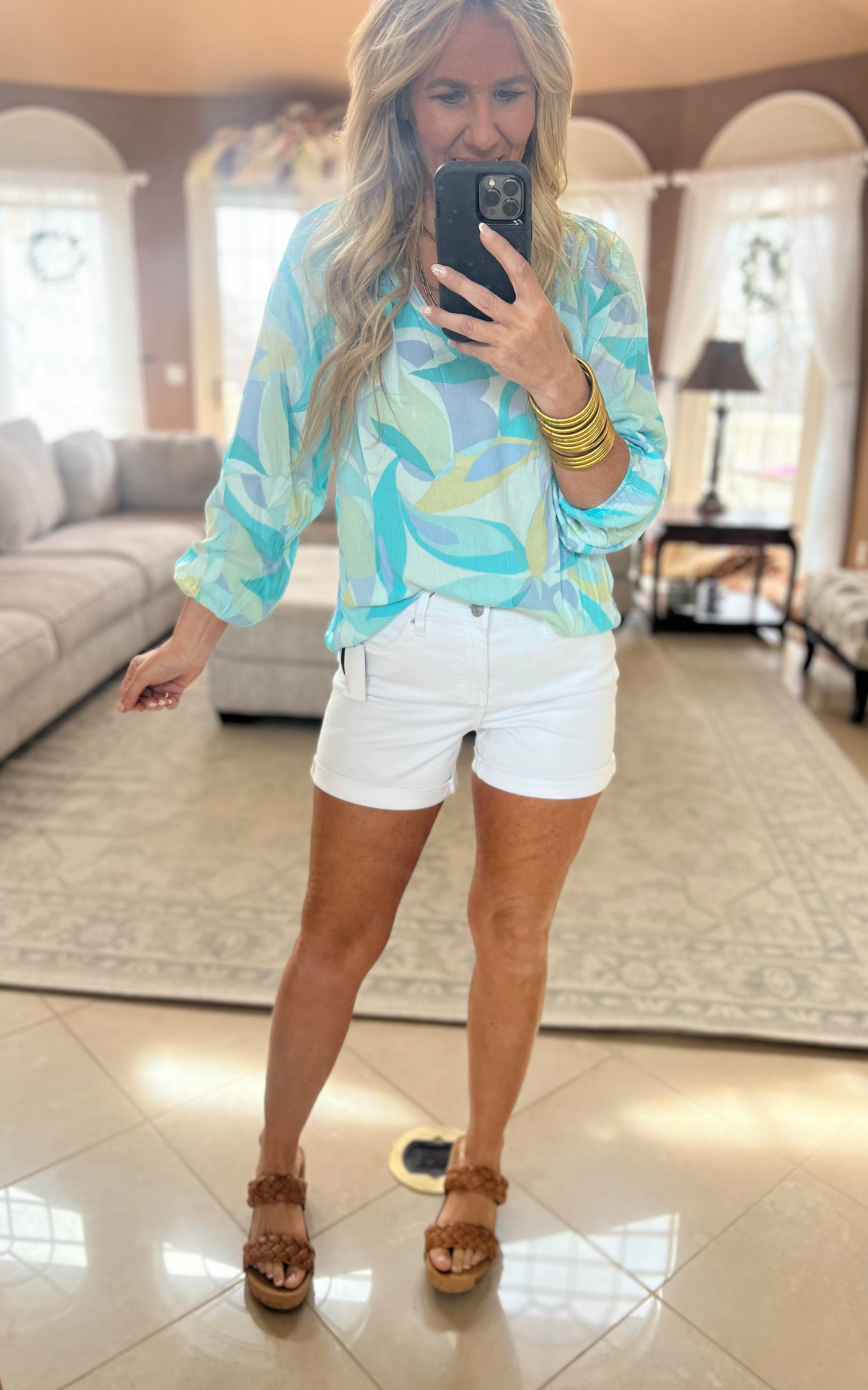 Aqua Abstract Floral Print Top 