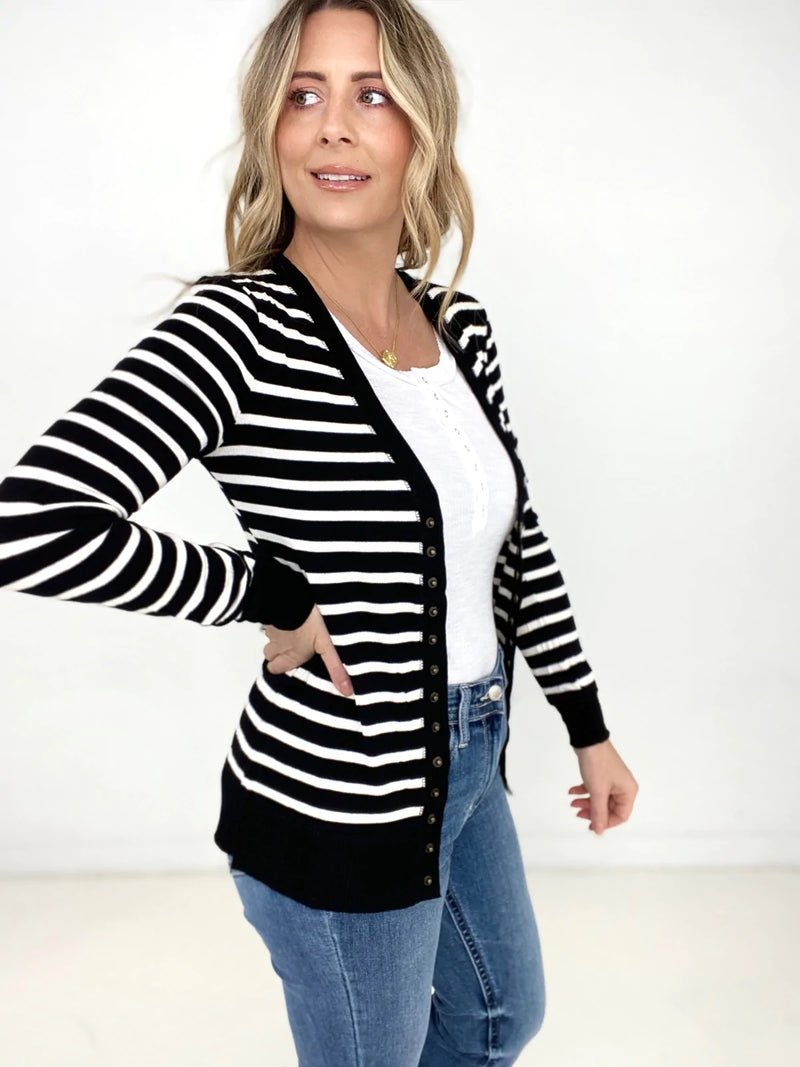 Black Zenana Striped Snap Button Cardigan
