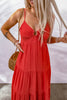 Red O-Ring Smocked Back Spaghetti Straps Tiered Maxi Dress