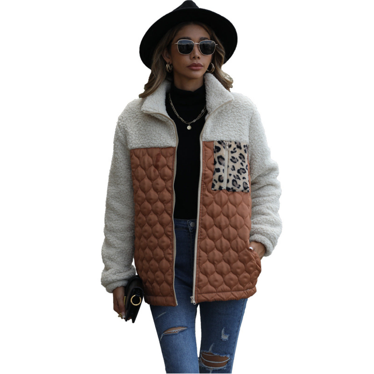 Zipper Up Colorblock Leopard Jacket