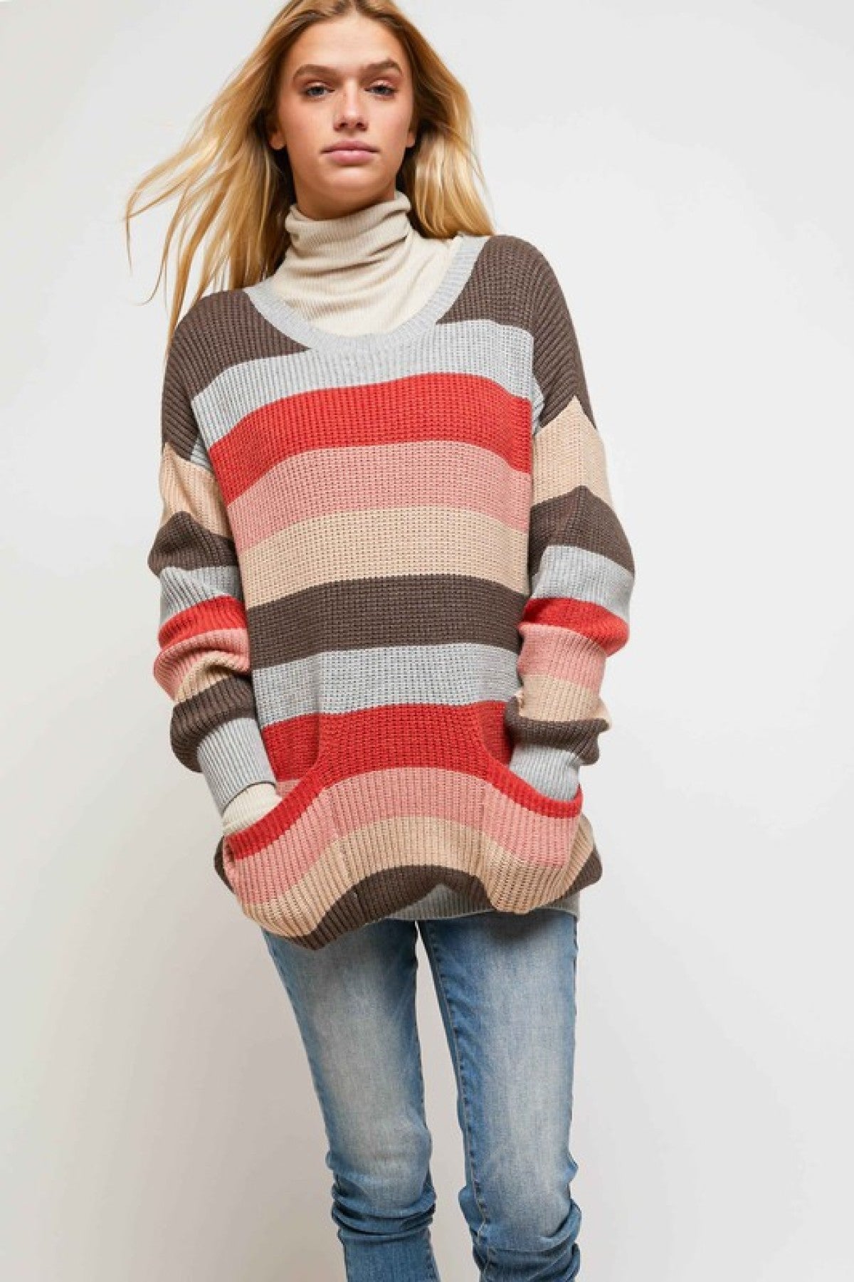 Davi & Dani Multi Stripe Round Neck Long Sleeve Sweater with Pockets