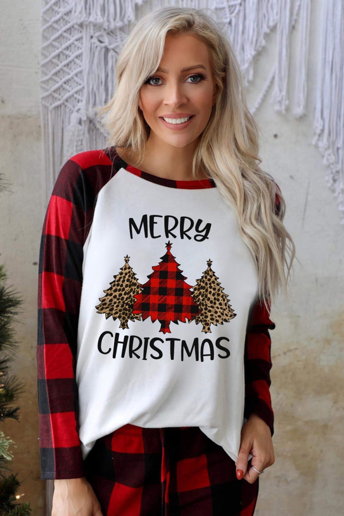 Red MERRY CHRISTMAS Trees Plaid Print Two Piece Lounge Se