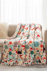 Multicolor Pompom Trim Christmas Pattern Fleece Blanket 127*152Cm