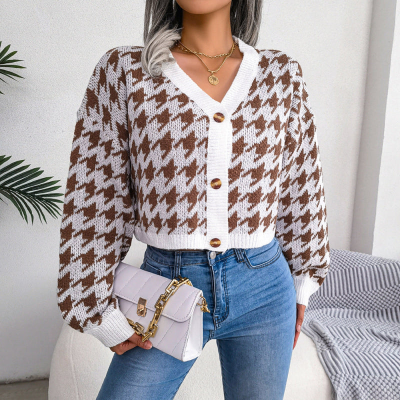 V-Neck Button Up Houndstooth Short Cardigan