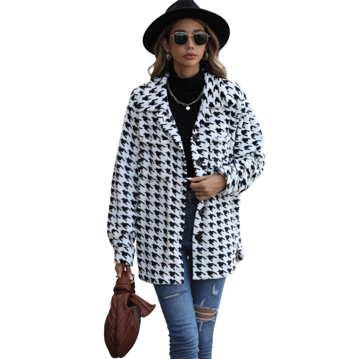 Single-Breasted Houndstooth Print Jacket