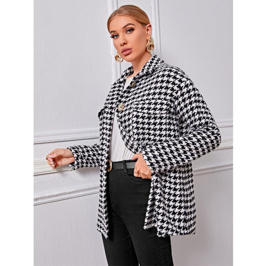 Collared Neck Single-Breasted Houndstooth Coat