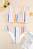 Striped Print U Neck Mid Waist Bikini Swimsuit