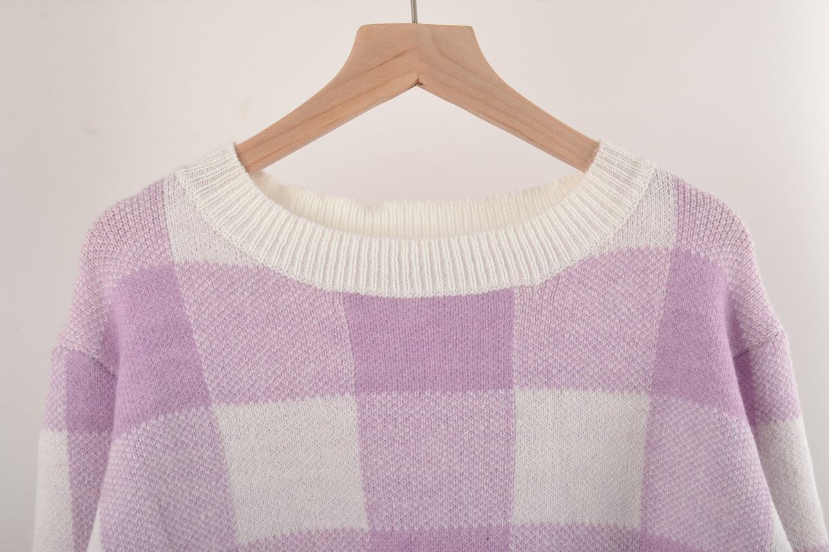 Crew Neck Long Sleeve Plaid Knit Sweater