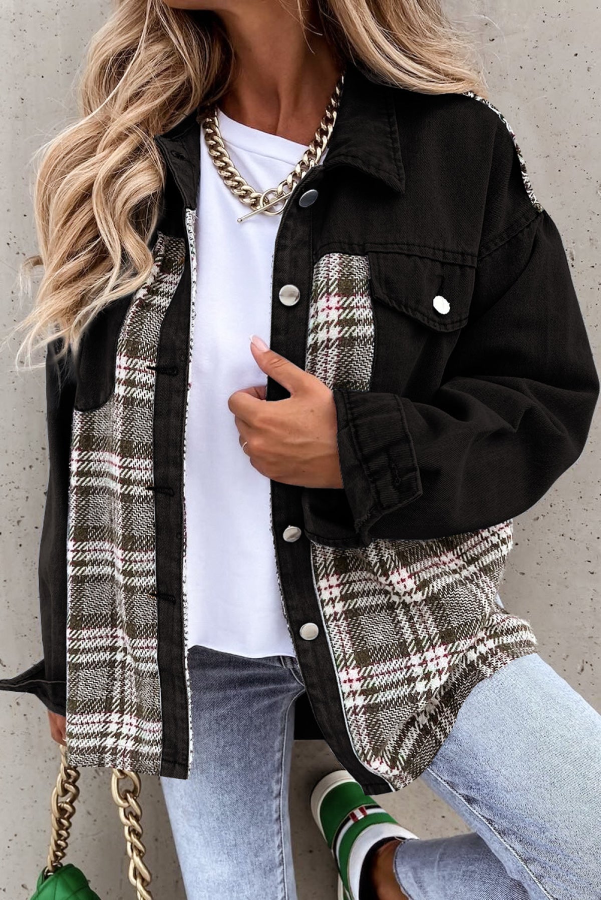 Black Christmas Pattern Plaid Splicing Denim Jacket