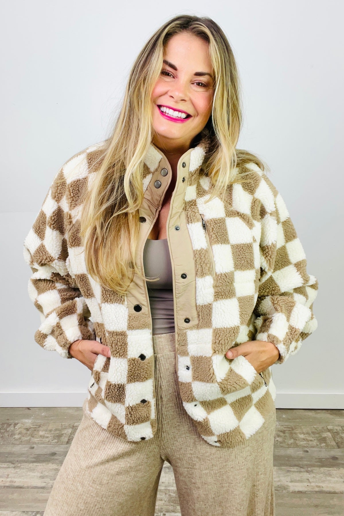 Easel Checkered Teddy Fur Jacket