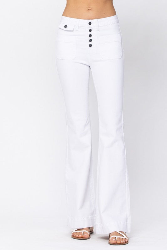 Judy Blue White Buttonfly Patch Pocket Flare Jeans