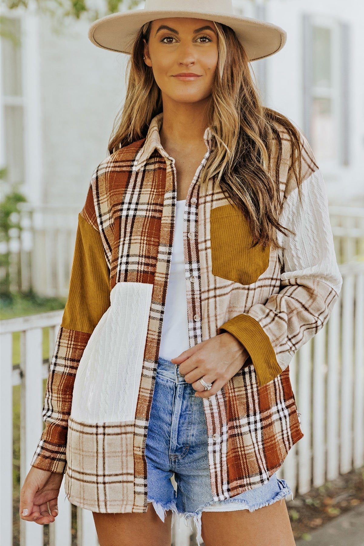 Orange Plaid Color Block Patchwork Shirt Jacket With Pocket