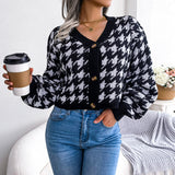 V-Neck Button Up Houndstooth Short Cardigan