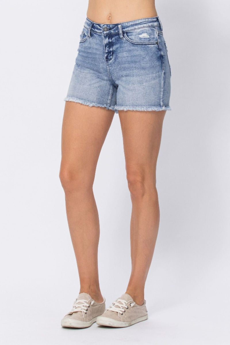 Judy Blue Full Size Mid-Rise Destroy Pocket Cutoff Denim Shorts