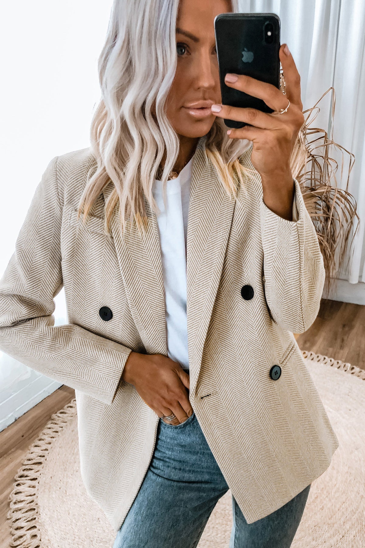 Chevron Ribbed Double Breasted Lapel Collar Blazer