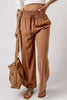 Brown Drawstring Elastic Waist Casual Wide Leg Pants