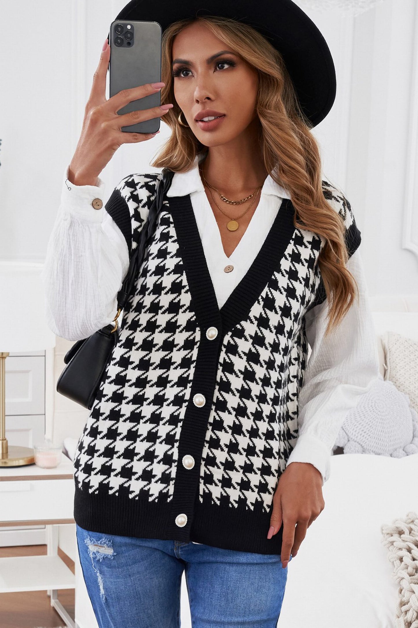 Houndstooth Vest Cardigan