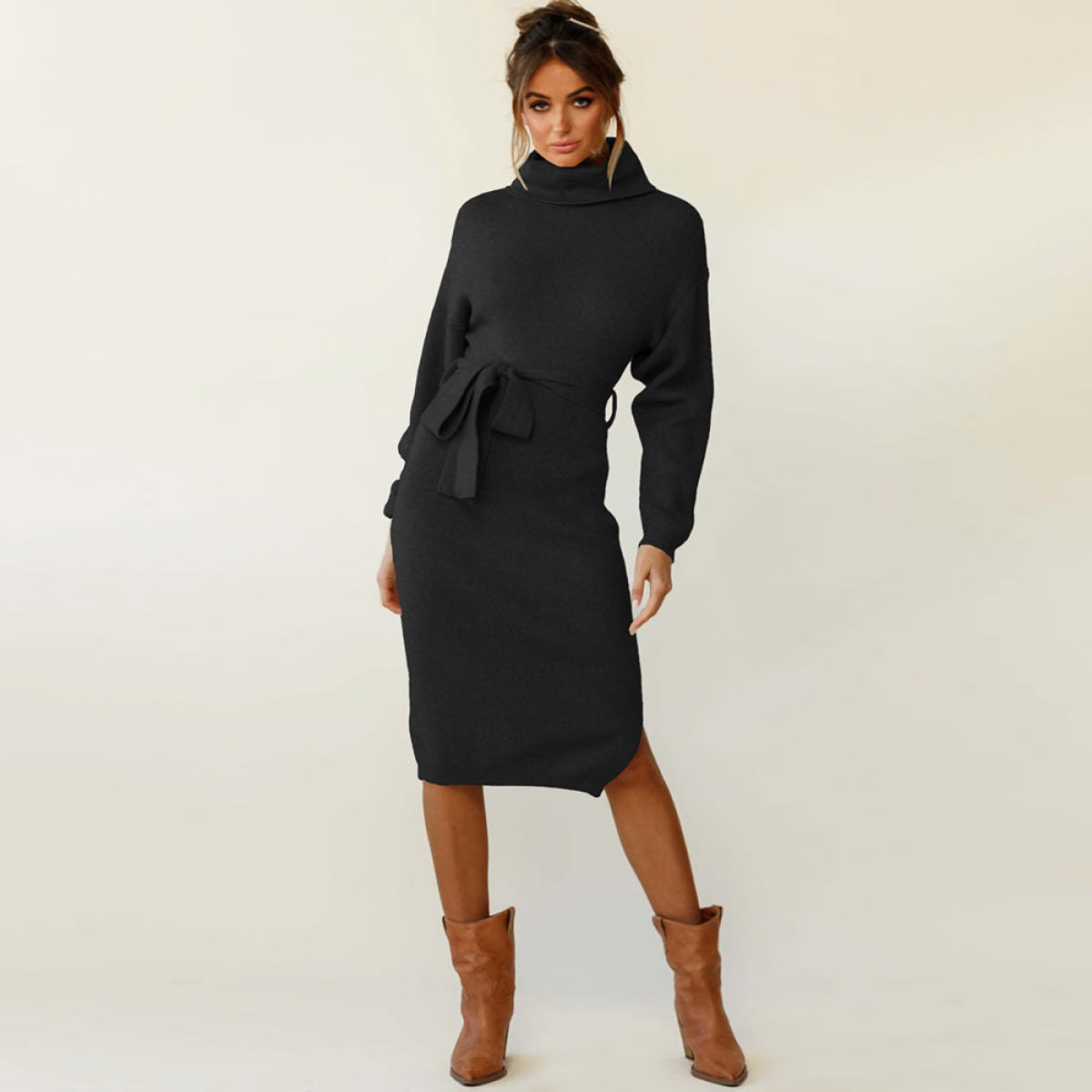 Solid Color Turtleneck Belted Sweater Dress