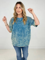 Teal Zenana Acid Wash Front Pocket Raw Edge Top